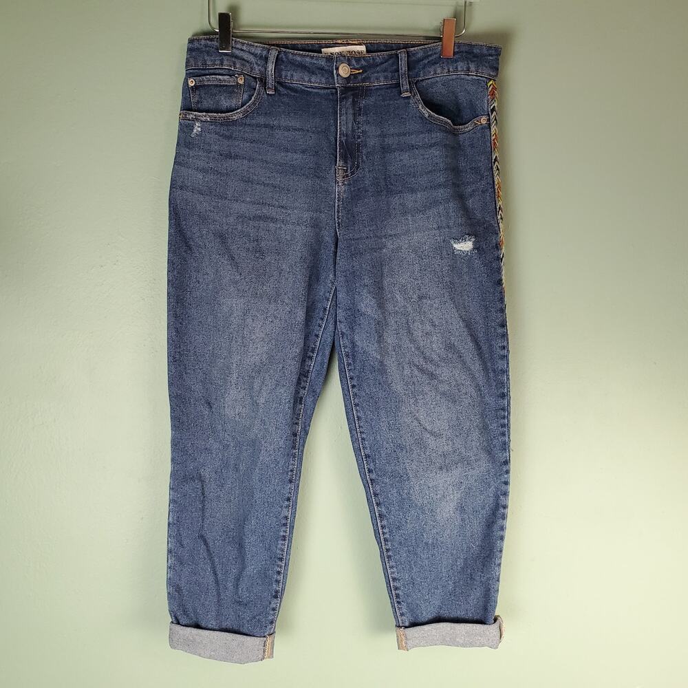 Knox Rose Womens Midrise Straight Distressed Embroidered Boho Jeans Size 8